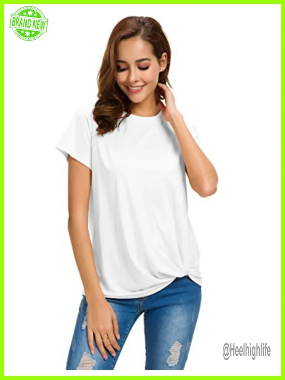 Crew Neck Twist Knot Front Short Sleeve Cotton Blouse